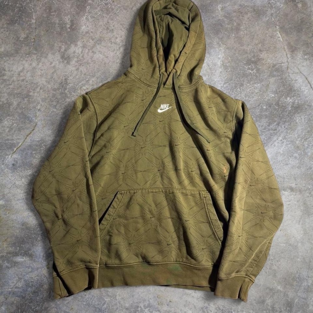 Nike Olive Green All Over Swoosh Print Hoodie Sweatshirt Size XL